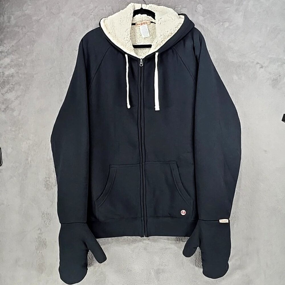 Feejays Sherpa Lined Black Hoodie Zip Up Sweatshirt Mittens Built-In Men's XXL